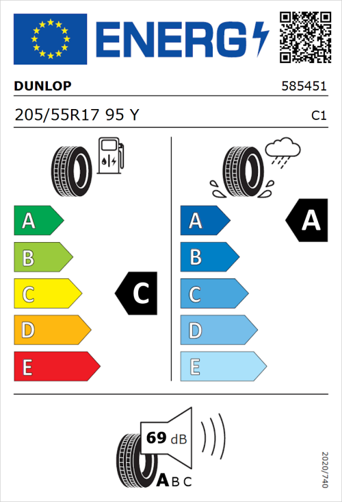 Tyre Label for Dunlop Sport BluResponse 205/55R17 95Y