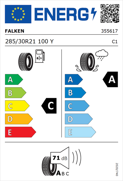 Tyre Label for Falken Azenis FK520 285/30R21 100Y