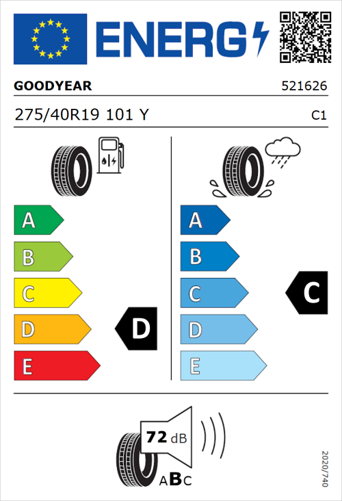 Tyre Label for Goodyear Excellence 275/40R19 101Y